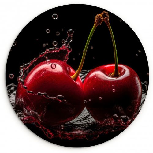 Tableau rond - Cerise - Rouge - Fruit - Eau - Noir