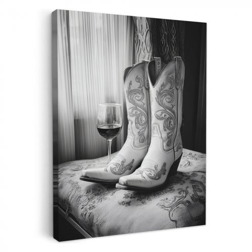 Tableau sur toile - Vin - Bottes de cow-boy - Luminaire de fenêtre - Blanc