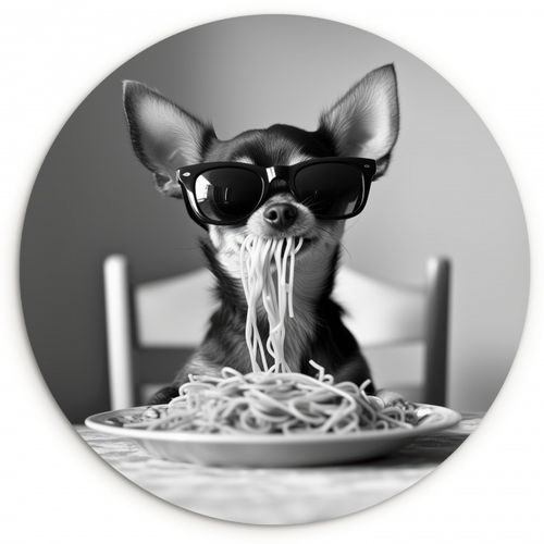 Tableau rond - Chihuahua - Chien - Lunettes de soleil - Humour - Noir - Blanc - Spaghetti