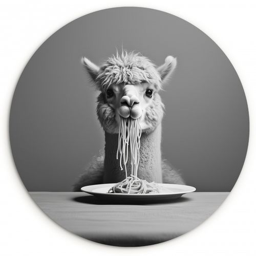 Tableau rond - Alpaga - Pâtes - Noir - Blanc - Drôle - Animaux