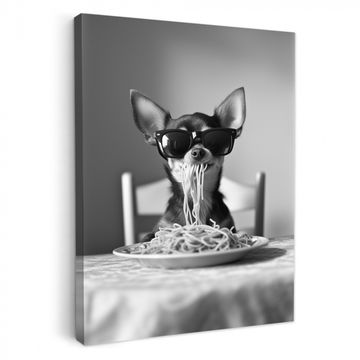 Tableau sur toile - Chihuahua - Chien - Lunettes de soleil - Humour - Noir - Blanc - Spaghetti