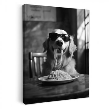 Tableau sur toile - Golden Retriever - Chien - Joyeux - Assiette spaghetti - Noir - blanc