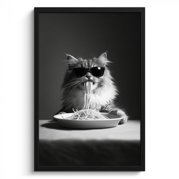 Cadre Photo - Chat à poil long - Lunettes de soleil - Spaghetti - Humour - Noir - blanc