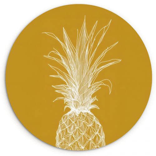 Tableau rond - Illustration au trait - Ananas - Couronne de feuilles - Jaune ocre