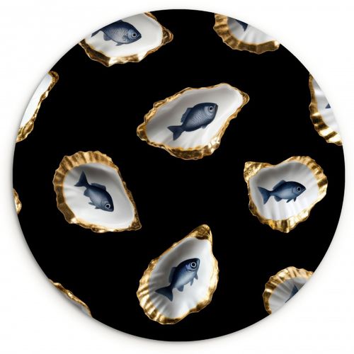 Tableau rond - Huîtres - Poissons - Bleu - Or