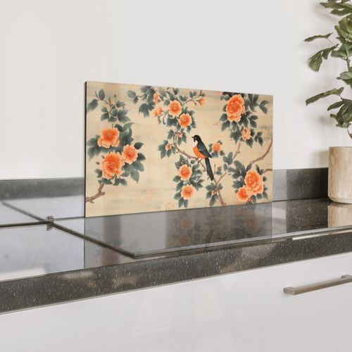 Fond de hotte - Oiseau - Branche - Fleurs - Orange