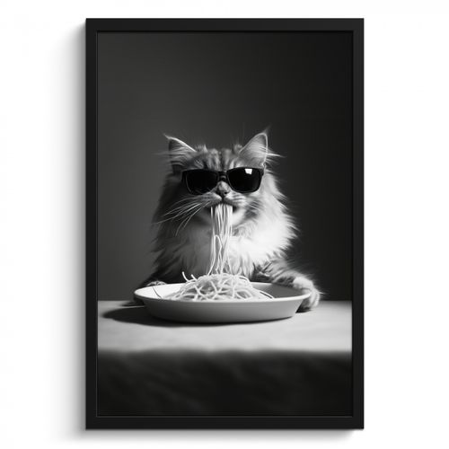 Cadre Photo - Chat à poil long - Lunettes de soleil - Spaghetti - Humour - Noir - blanc