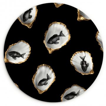 Tableau rond - Huîtres - Noir - Poisson - Or