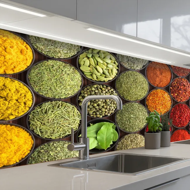 Kruiden - Schaaltjes - Kleurrijk - Textuur keuken achterwand 2 middel -3d_schuin