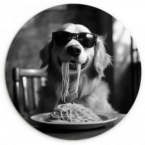 Tableau rond - Golden Retriever - Chien - Joyeux - Assiette spaghetti - Noir - blanc