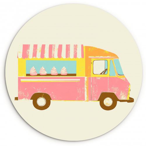 Tableau rond - Chariot à glaces - Rétro - Glaces à l'italienne - Rose
