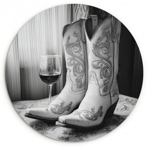 Tableau rond - Vin - Bottes de cow-boy - Luminaire de fenêtre - Blanc
