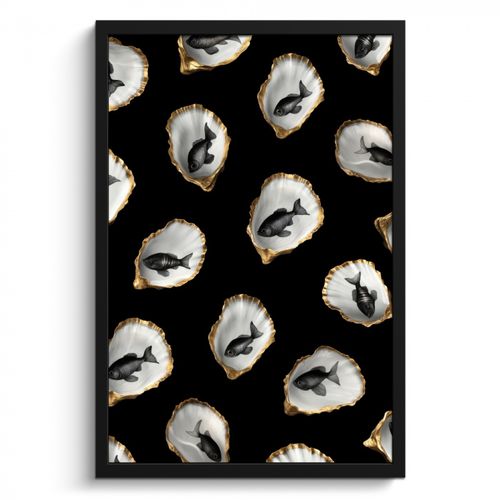 Cadre Photo - Huîtres - Noir - Poisson - Or