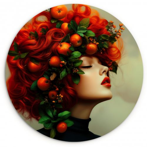 Tableau rond - Femme - Pommes - Rouge - Feuilles