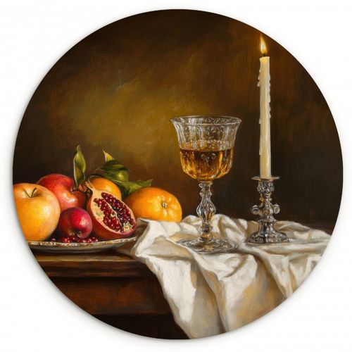 Tableau rond - Fruit - Nature morte - Vin - Bougie