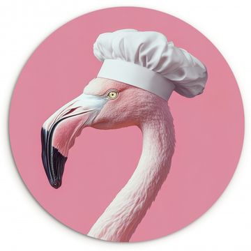 Tableau rond - Flamant - Rose - Chapeau de cuisinier - Oiseau