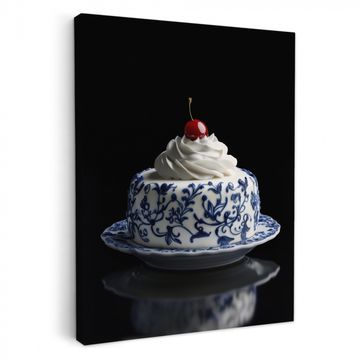 Tableau sur toile - Gâteau - Crème fouettée - Cerise - Assiette - Bleu de Delft