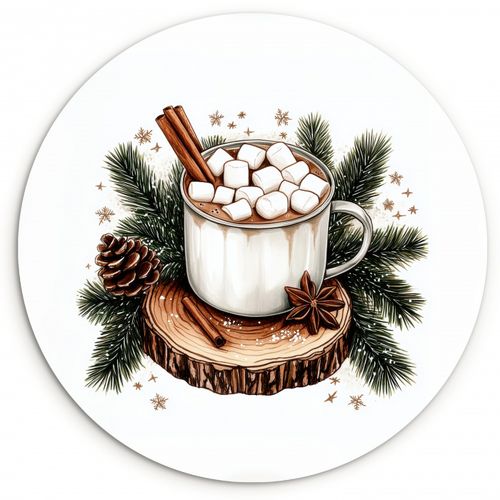 Tableau rond - Hiver - Bois - Lait chocolaté - Boisson - Noël