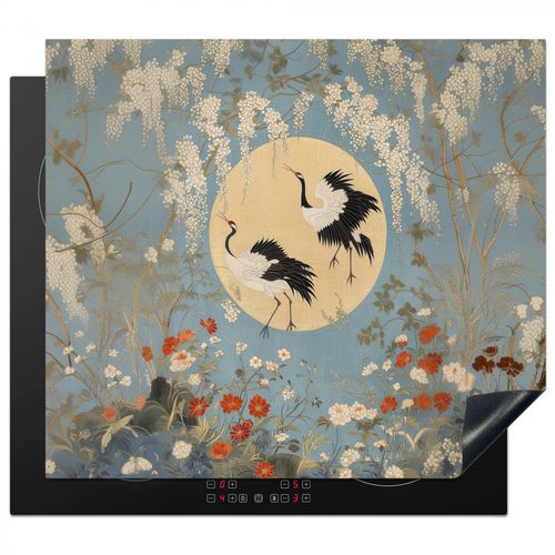 Grues - Lune - Fleurs - Bleu