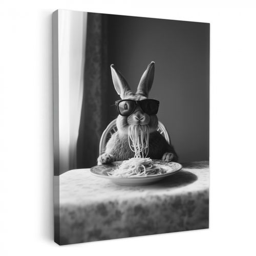 Tableau sur toile - Lapin - Lapin - Lunettes de soleil - Nappe - Pâtes - Mignon