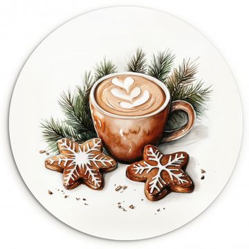 Tableau rond - Café - Gâteau - Hiver - Art - Noël