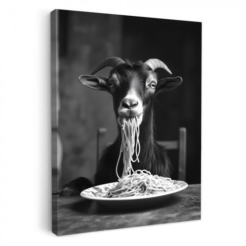 Tableau sur toile - Chèvre - Assiette - Spaghetti - Noir et blanc