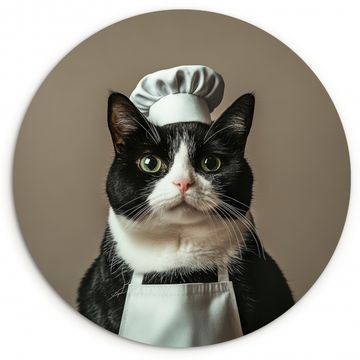 Tableau rond - Chat - Vêtements de chef - Noir - Blanc