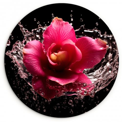 Tableau rond - Fleurs - Rose - Eau - Noir - Botanique - Nature