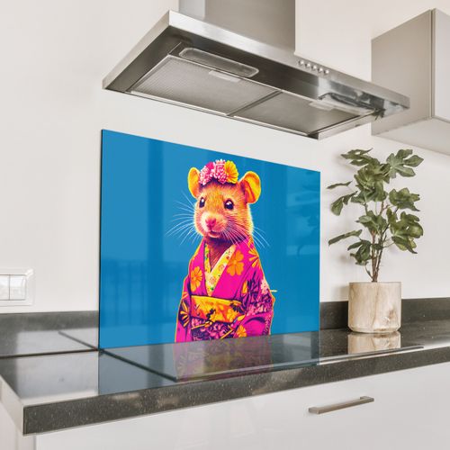 Fond de hotte - Souris - Kimono - Fleurs - Bleu