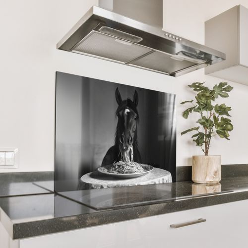Fond de hotte - Cheval - Assiette - Pâtes - Nappe - Noir et blanc - Animaux