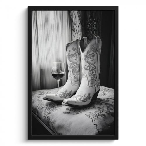 Cadre Photo - Vin - Bottes de cow-boy - Luminaire de fenêtre - Blanc