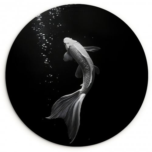 Tableau rond - Koi - Poisson - Blanc - Noir