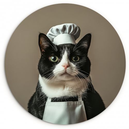 Tableau rond - Chat - Vêtements de chef - Noir - Blanc