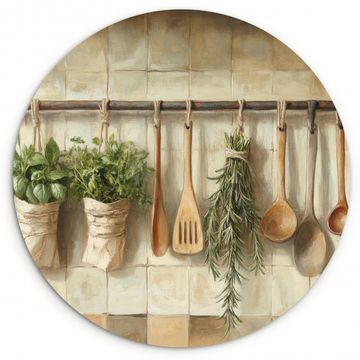 Tableau rond - Bois - Ustensiles de cuisine - Nature morte - Carrelage