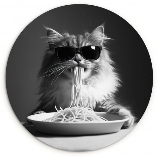 Tableau rond - Chat à poil long - Lunettes de soleil - Spaghetti - Humour - Noir - blanc