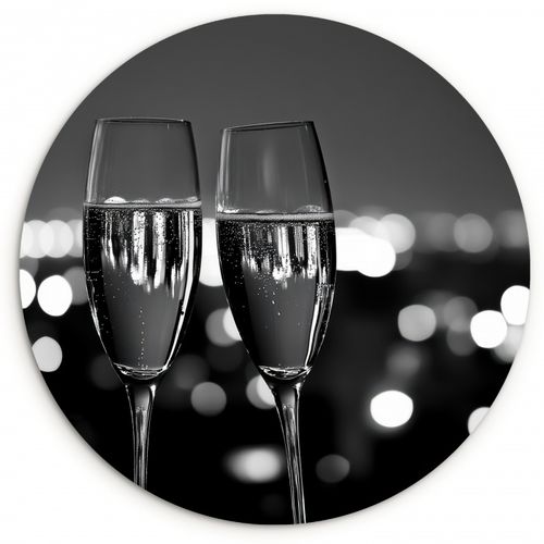 Tableau rond - Bulles - Cheers - Coupes de champagne - Lumières de la ville