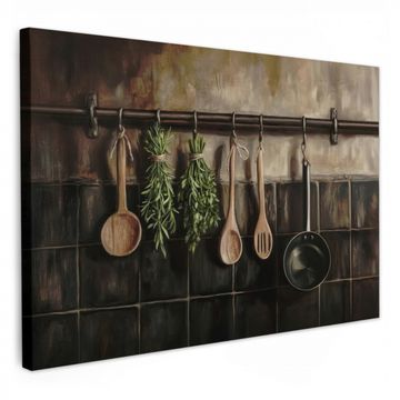 Tableau sur toile - Ustensiles de cuisine - Rustique - Carreaux - Épices