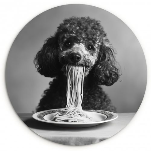 Tableau rond - Caniche - Chien - Noir - Blanc - Mignon - Pâtes