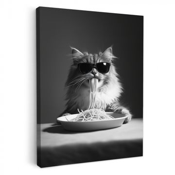 Tableau sur toile - Chat à poil long - Lunettes de soleil - Spaghetti - Humour - Noir - blanc