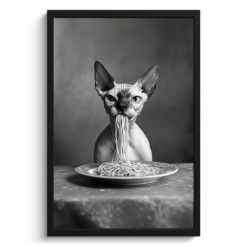 Cadre Photo - Sphynx - Chat - Animaux - Humour - Spaghetti - Noir et blanc