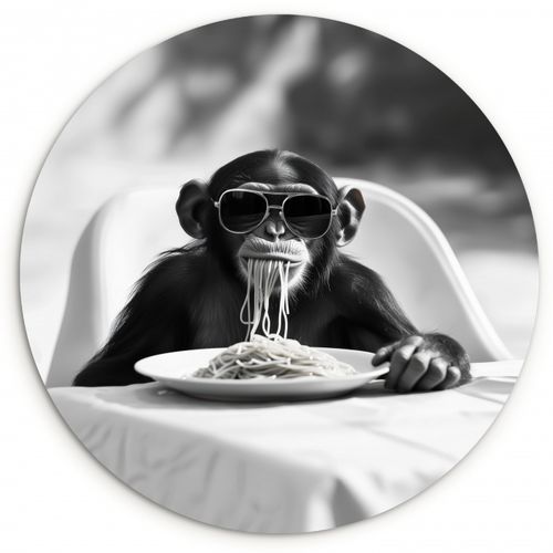 Tableau rond - Singe - Spaghetti - Lunettes de soleil - Noir et blanc - Cool - Animal
