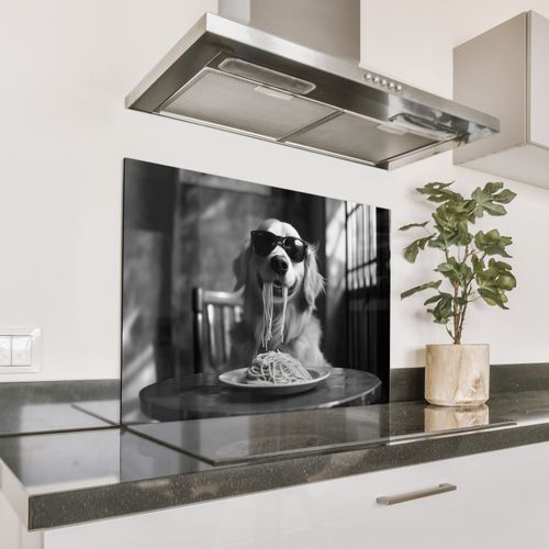 Fond de hotte - Golden Retriever - Chien - Joyeux - Assiette spaghetti - Noir - blanc