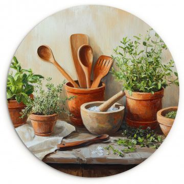 Tableau rond - Pots - Herbes - Bois