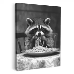 Tableau sur toile - Raton laveur - Mignon - Pâtes - Nappe - Noir - Blanc