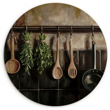 Tableau rond - Ustensiles de cuisine - Rustique - Carreaux - Épices