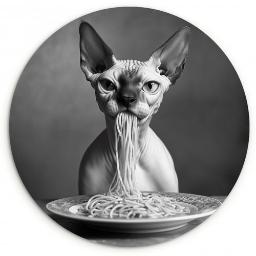 Tableau rond - Sphynx - Chat - Animaux - Humour - Spaghetti - Noir et blanc