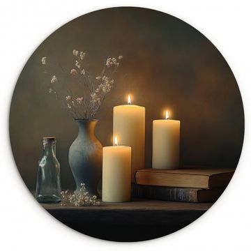 Tableau rond - Bougies - Nature morte - Rustique - Livres