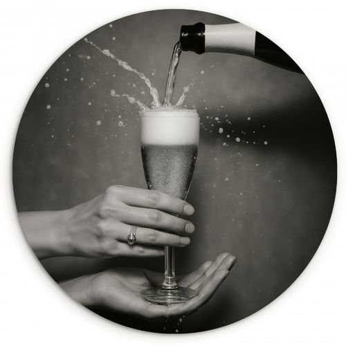 Tableau rond - Bouteille de champagne - Verre - Minimaliste - Splashes