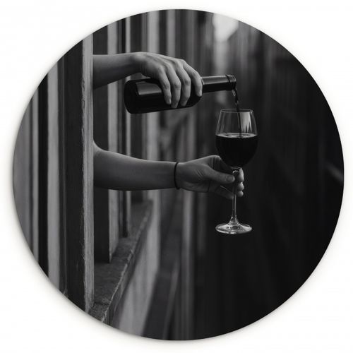 Tableau rond - Bouteille de vin - Verre - Mains - Fenêtre
