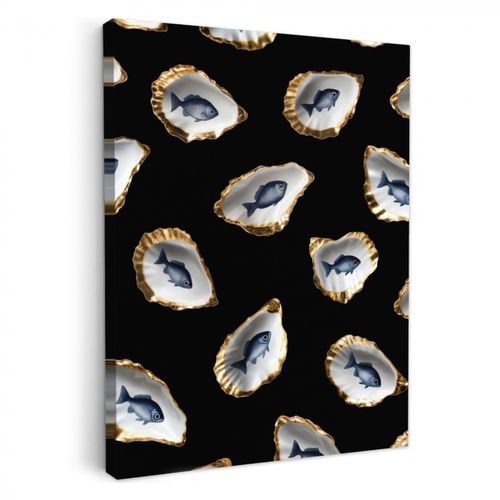 Tableau sur toile - Huîtres - Poissons - Bleu - Or